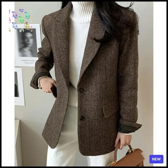 Herringbone Wool Blend Blazer Classic Elegant Work Business Chic Fall Winter - Picture 8 of 8